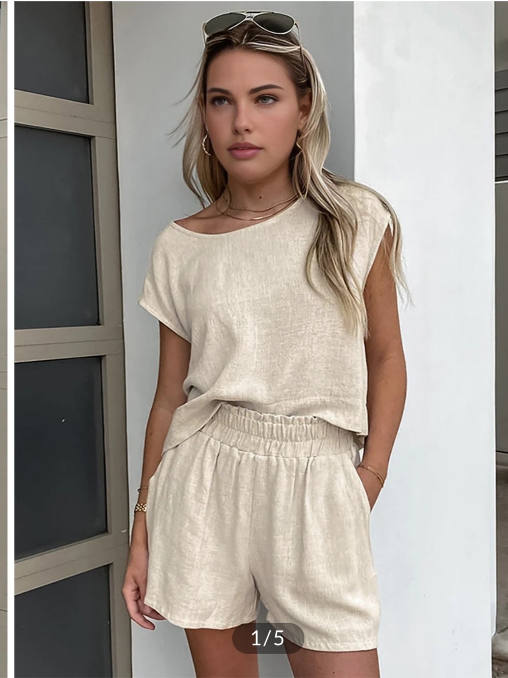 NEW Commense Cream Cotton-Linen Short Set with Elastic Waist